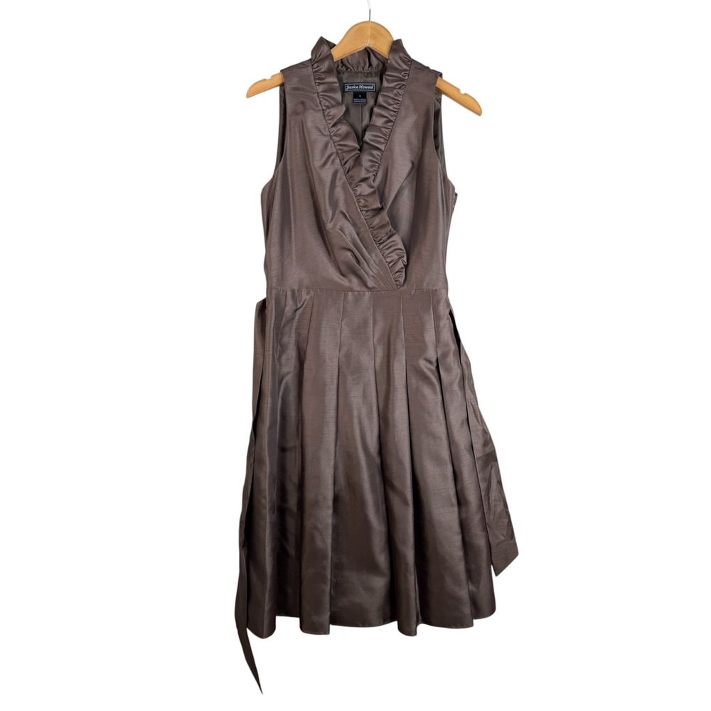 New Jessica Howard Ruffle V-neck Pleated Skirt‎ Sleeveless Dress size 12 Brown